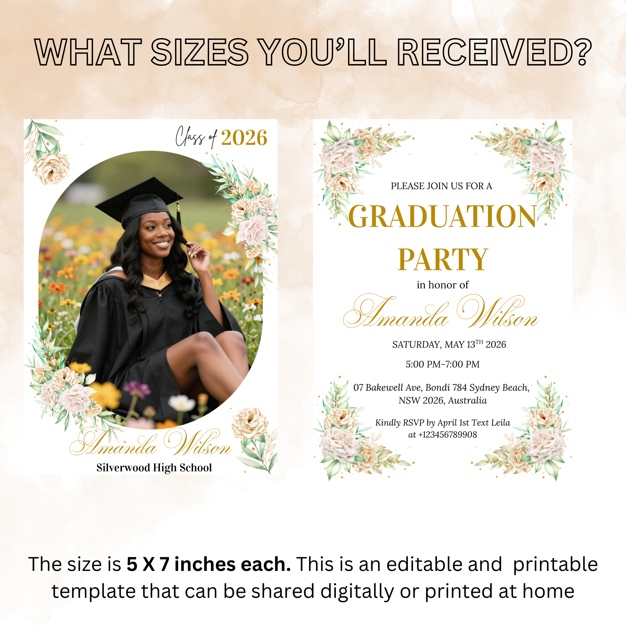Wildflower Graduation Party Invitation, Boho Floral Senior Grad Announcement with photo invite, Girl Graduation Brunch Printable Template