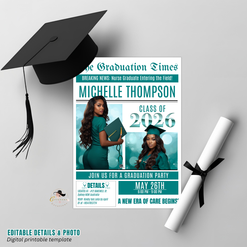 Newspaper Nurse Graduation Announcement Invitation, RN Pinning Ceremony with photo invite, LPN Nursing Graduates, BSN Green Flyer Template