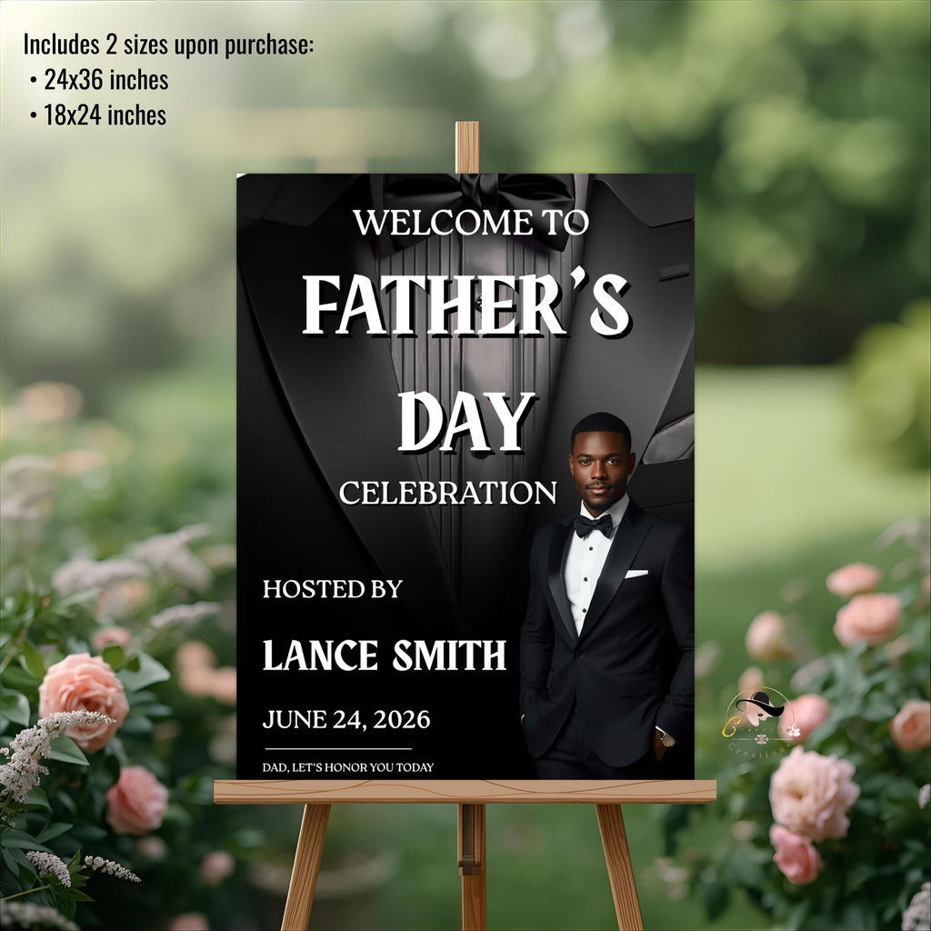 Fathers Day Welcome Sign with Photo, Tuxedo Gentleman Party Sign, Male Poster Sign, Birthday Retirement, Black Printable Editable Template