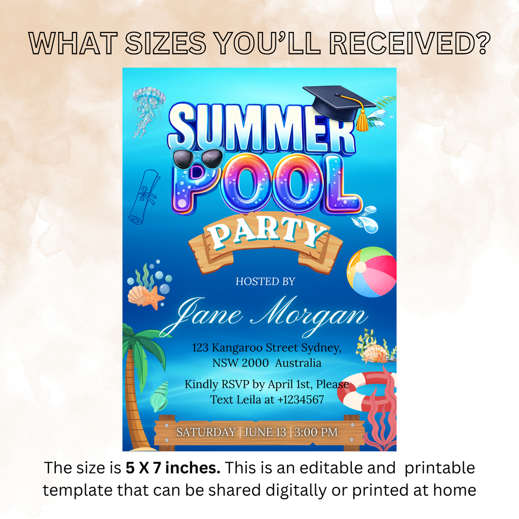 Graduation Pool Party Invitation, Senior Grad Party Invite for Him and Her, College Graduates Announcement, Editable Canva Digital Template