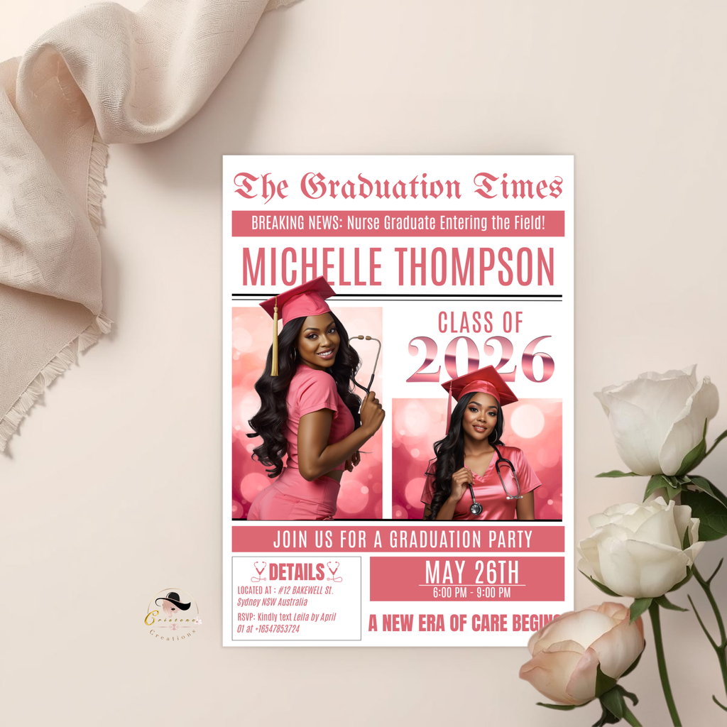 Pink Newspaper Nurse Graduation Invitation, 2026 RN Pinning Ceremony with photo invite, LPN Nursing Graduates, Woman BSN Flyer Template