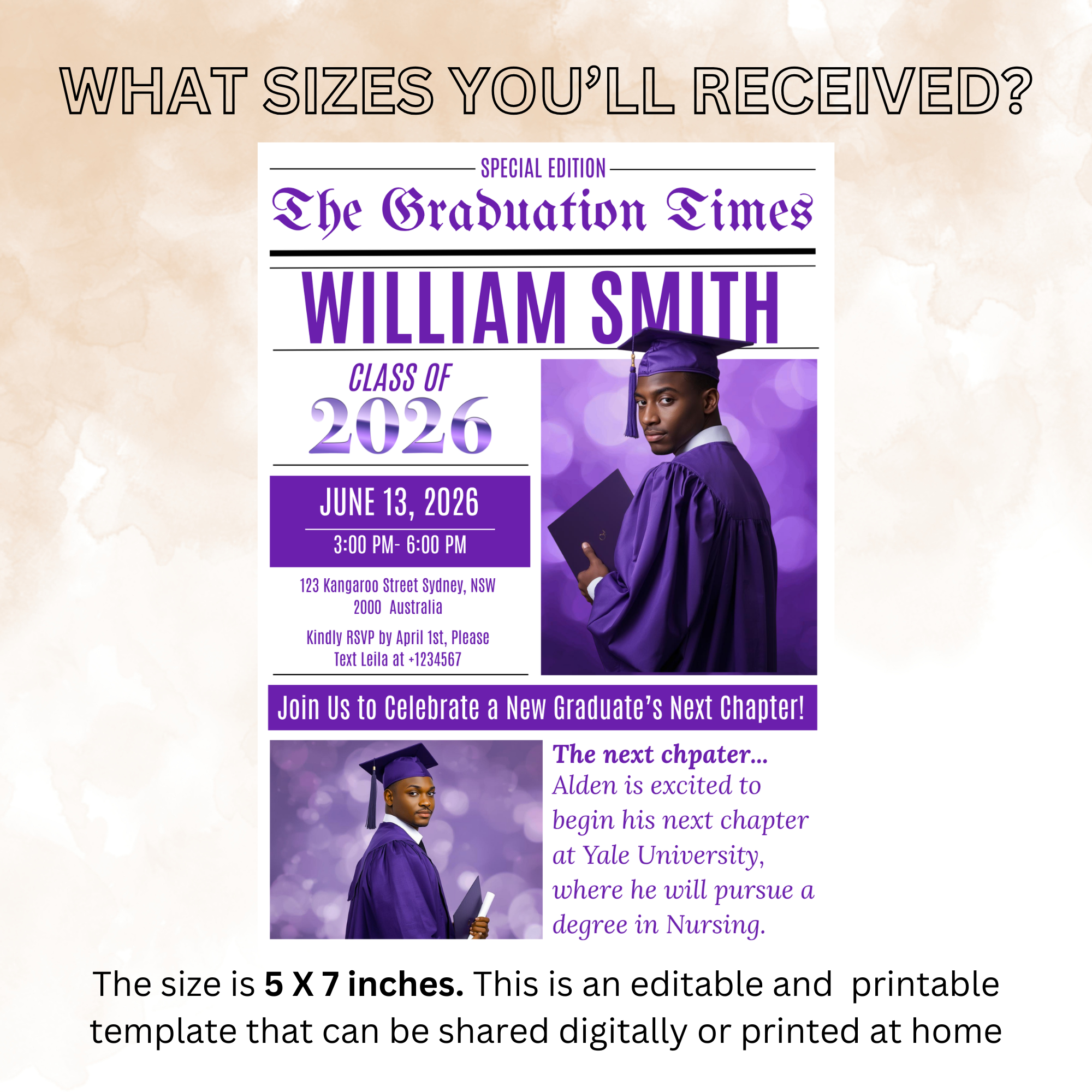 Newspaper Graduation Announcement Invitation with Photo, Senior High School Grad Invite for Boy and Girl, Class of 2026 Canva Template