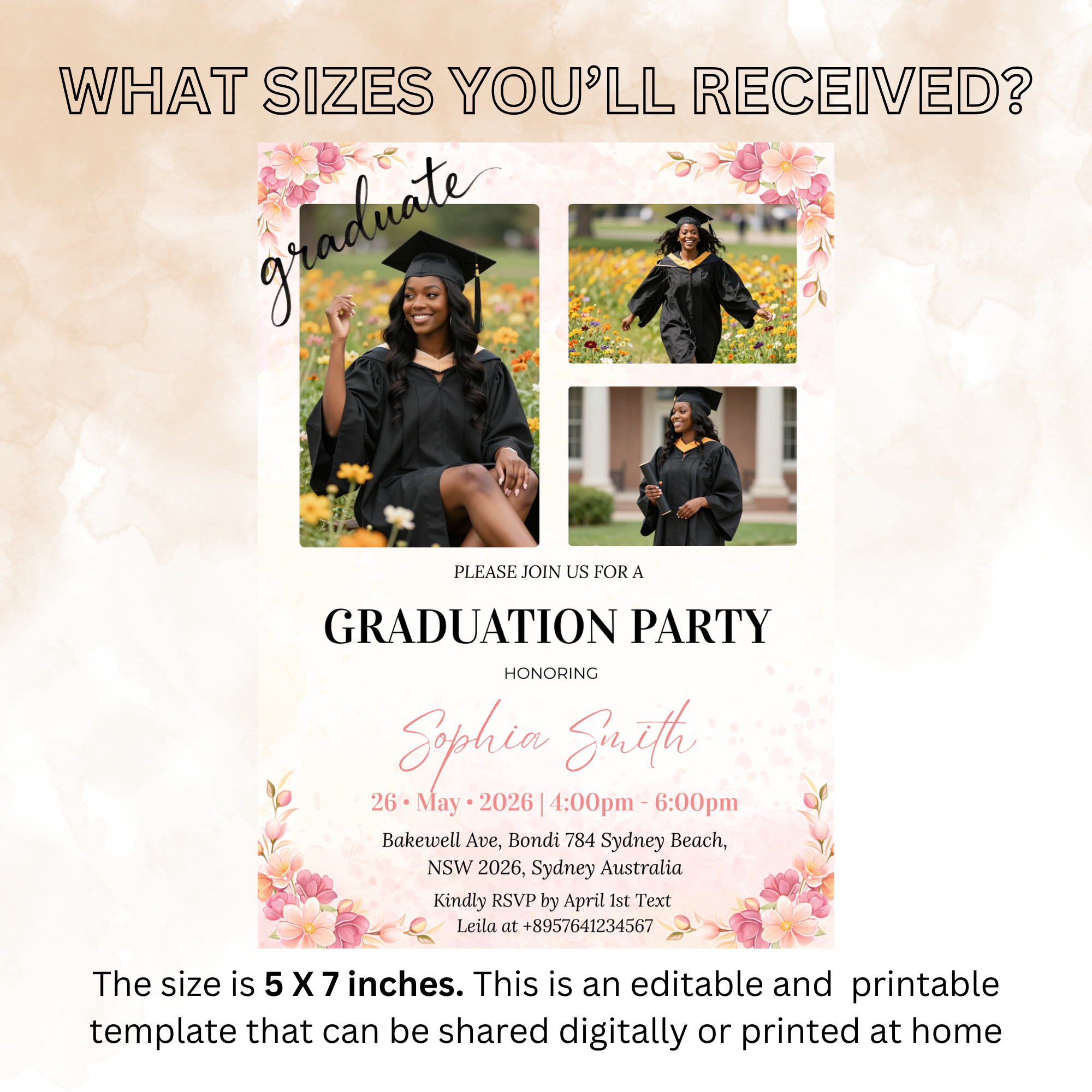 Pink Wildflower Graduation Announcement Invitation, Boho Floral Senior Grad Party with photo invite, Graduation Brunch Printable Template