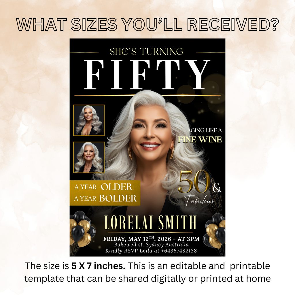 Black Gold 50th Birthday Dinner Invitation, 50 and Fabulous with photo Invite, Fiftieth Birthday Party Card, Digital Printable Template