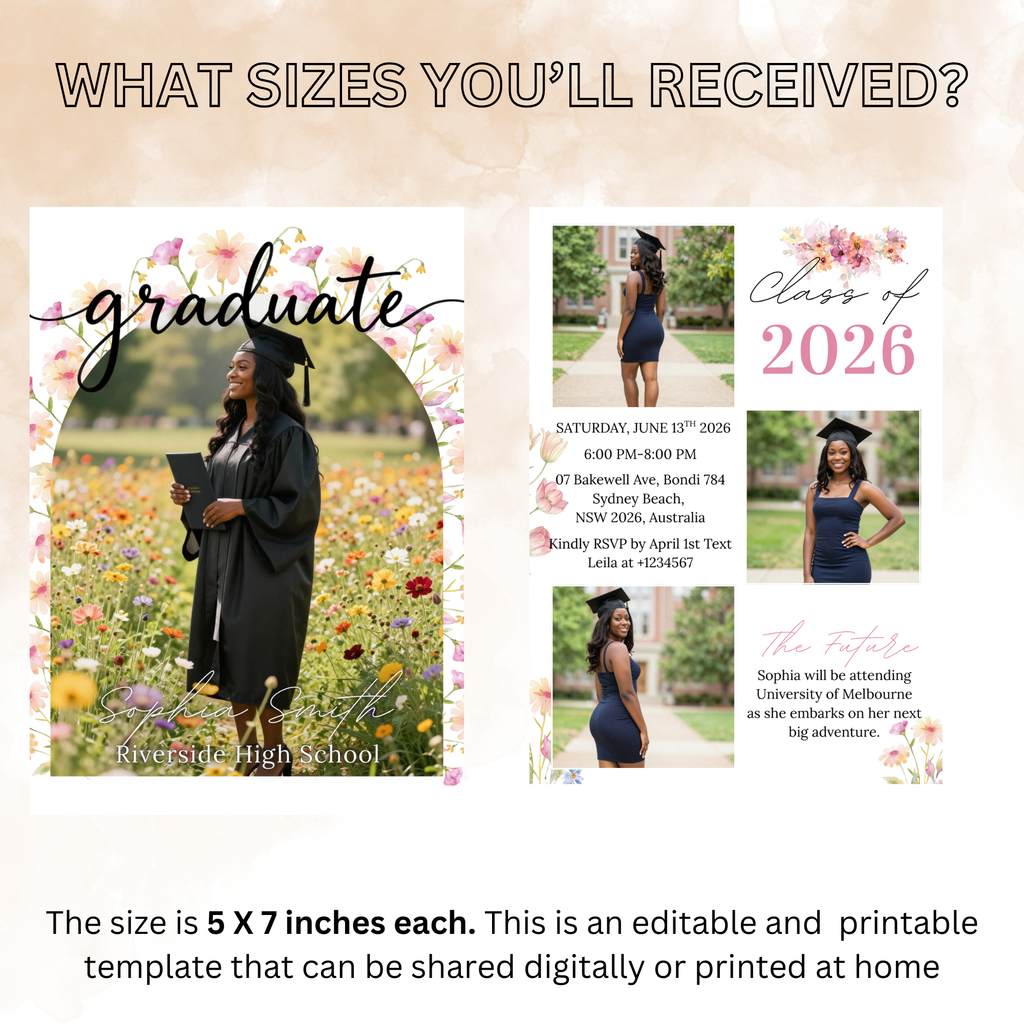 Wildflower Graduation Party Invitation, Boho Floral Senior Grad Announcement with photo invite, Girl University Graduates Printable Template
