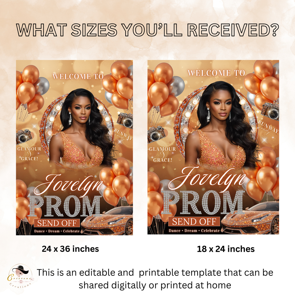 Orange Prom Send Off Welcome Party Sign, Prom Queen Poster Sign with photo, Elegant Party Board Sign, Senior Junior Night Printable Template