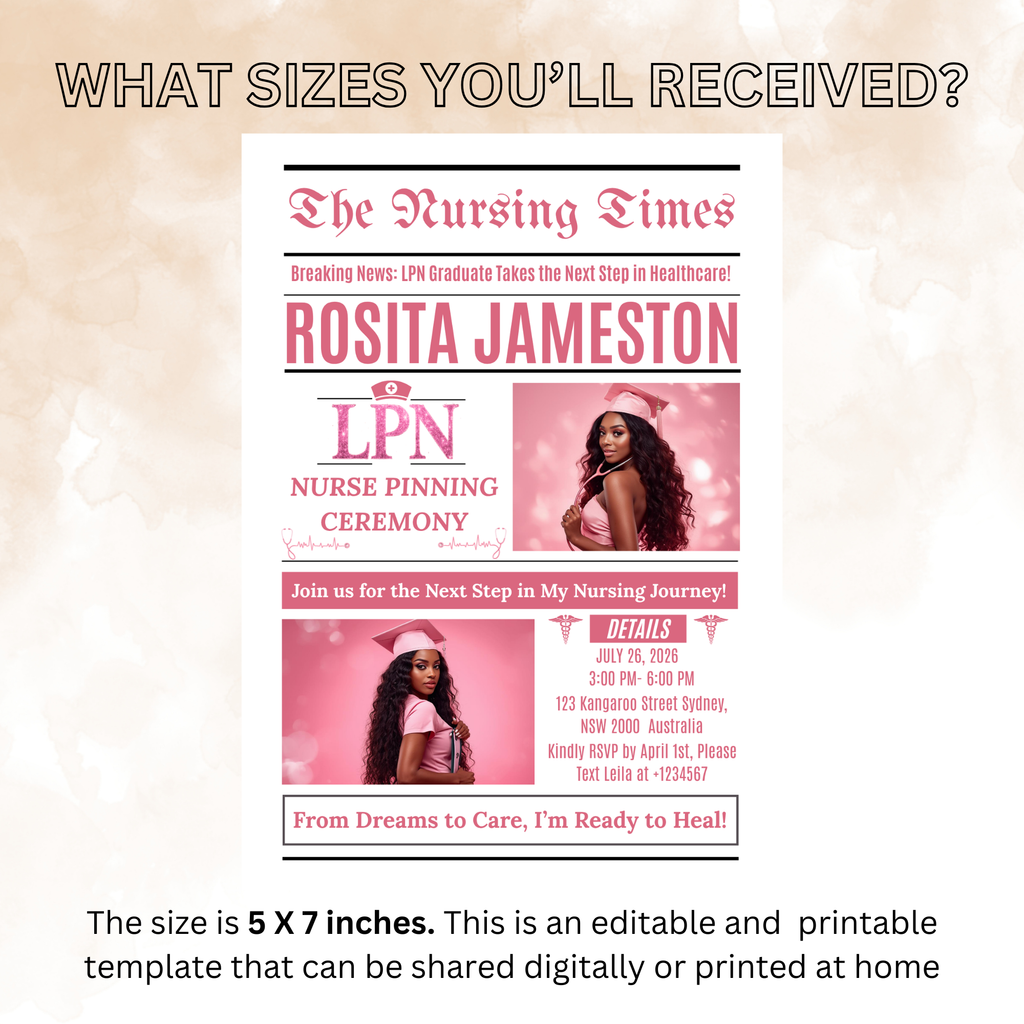 LPN Graduation Invitation Newspaper Style with Photo, Pink Nurse Pinning Ceremony Invite, Nursing Flyer Invite, Editable Canva Template