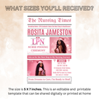 LPN Graduation Invitation Newspaper Style with Photo, Pink Nurse Pinning Ceremony Invite, Nursing Flyer Invite, Editable Canva Template