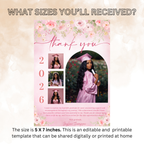 Wildflower Graduation Photo Thank You Card Template, Pink Floral Senior Grad Party Note (Digital Printable)