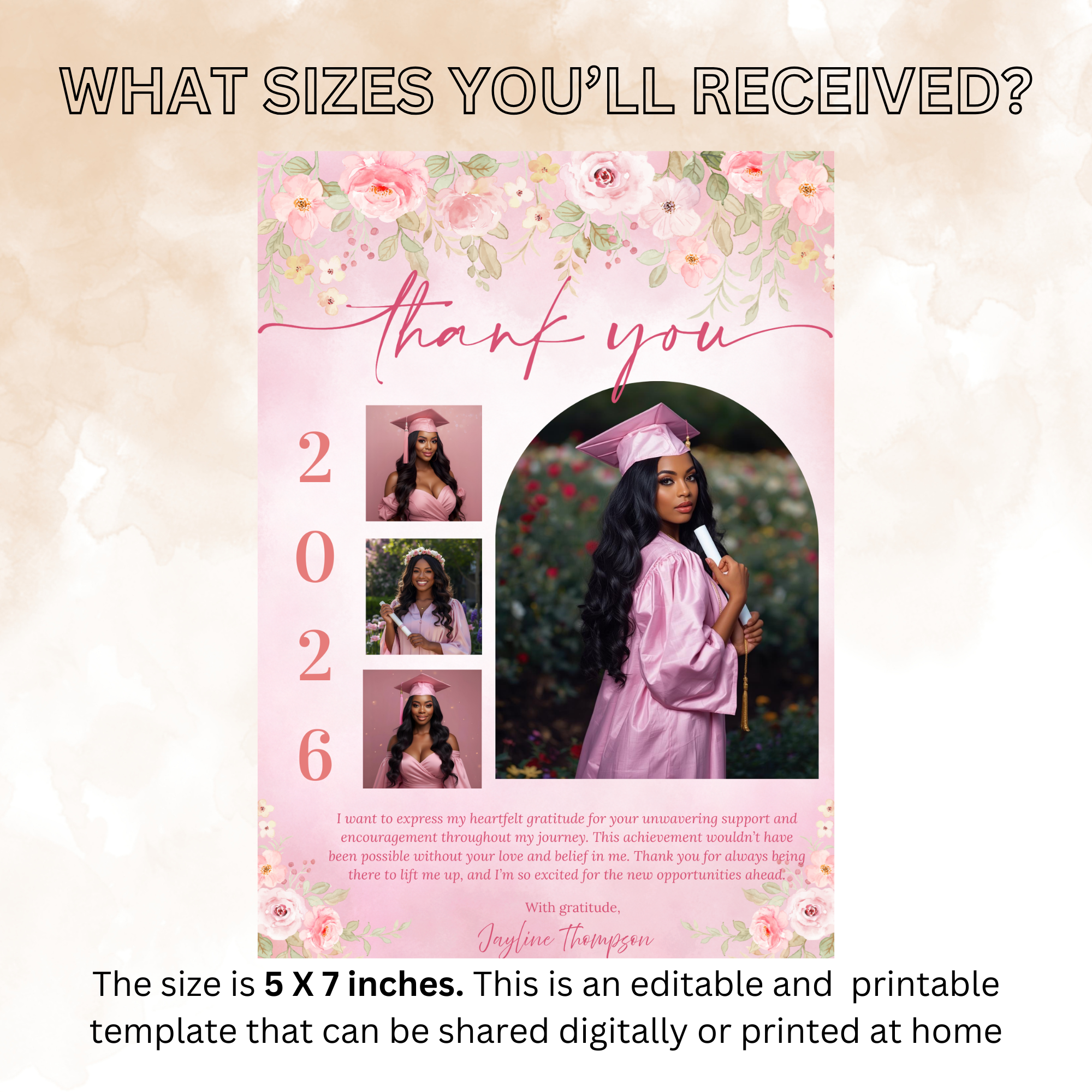 Wildflower Graduation Photo Thank You Card Template, Pink Floral Senior Grad Party Note (Digital Printable)