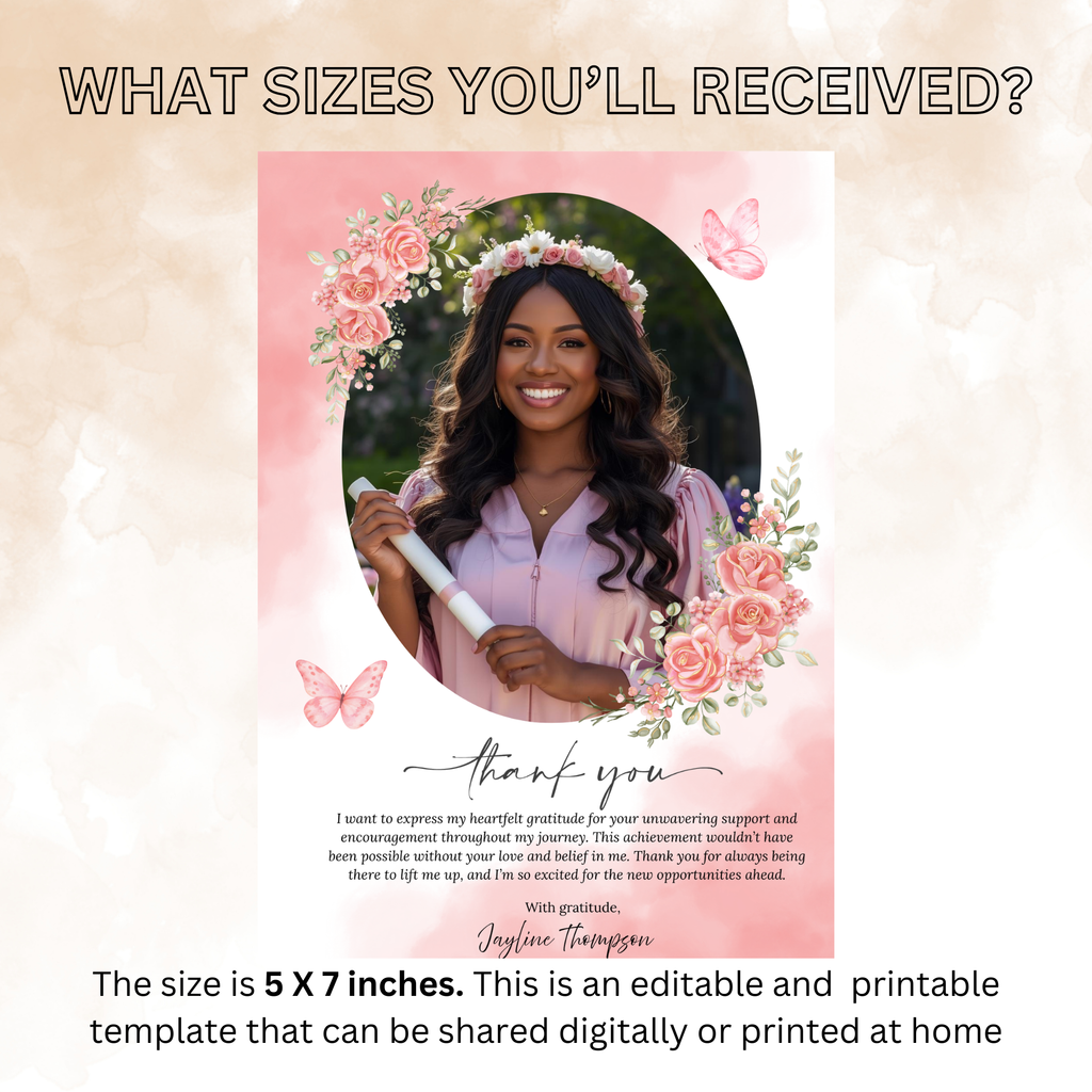 Wildflower Graduation Thank You Card with photo, Senior Grad Party Thank you note, Pink Birthday Thank You Cards, Digital Printable Template