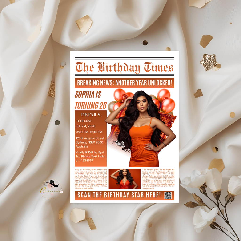 Orange Birthday Newspaper Invitation with Photo, Elegant Woman Dinner Party & Brunch Celebration Invite, Editable Canva Template