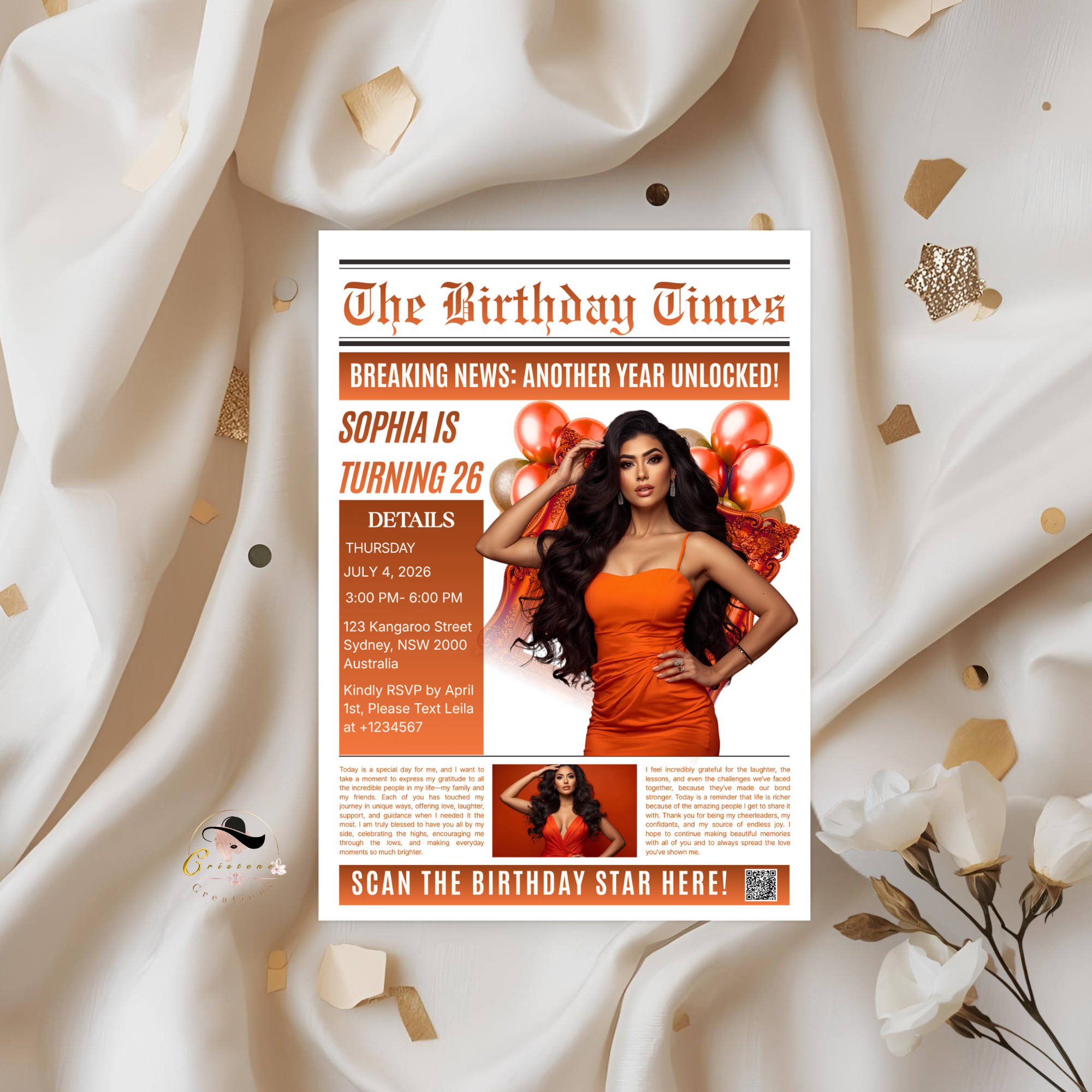 Orange Birthday Newspaper Invitation with Photo, Elegant Woman Dinner Party & Brunch Celebration Invite, Editable Canva Template