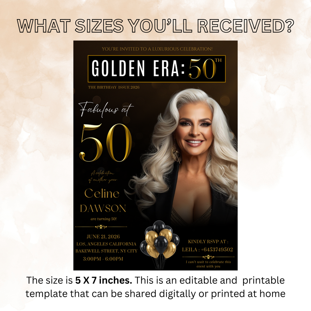 Black Gold 50th Birthday Invitation, 50 and Fabulous Party Invite, Dinner or Brunch Invitation with photo, Man Woman Magazine Cover Template