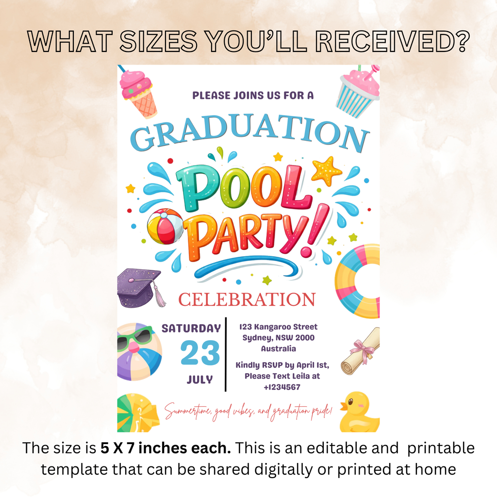 Pool Party Graduation Invitation for Kids, Hello Pool Goodbye School Summer Beach Invite, Boy Girl Printable Digital Canva Template