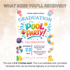 Pool Party Graduation Invitation for Kids, Hello Pool Goodbye School Summer Beach Invite, Boy Girl Printable Digital Canva Template