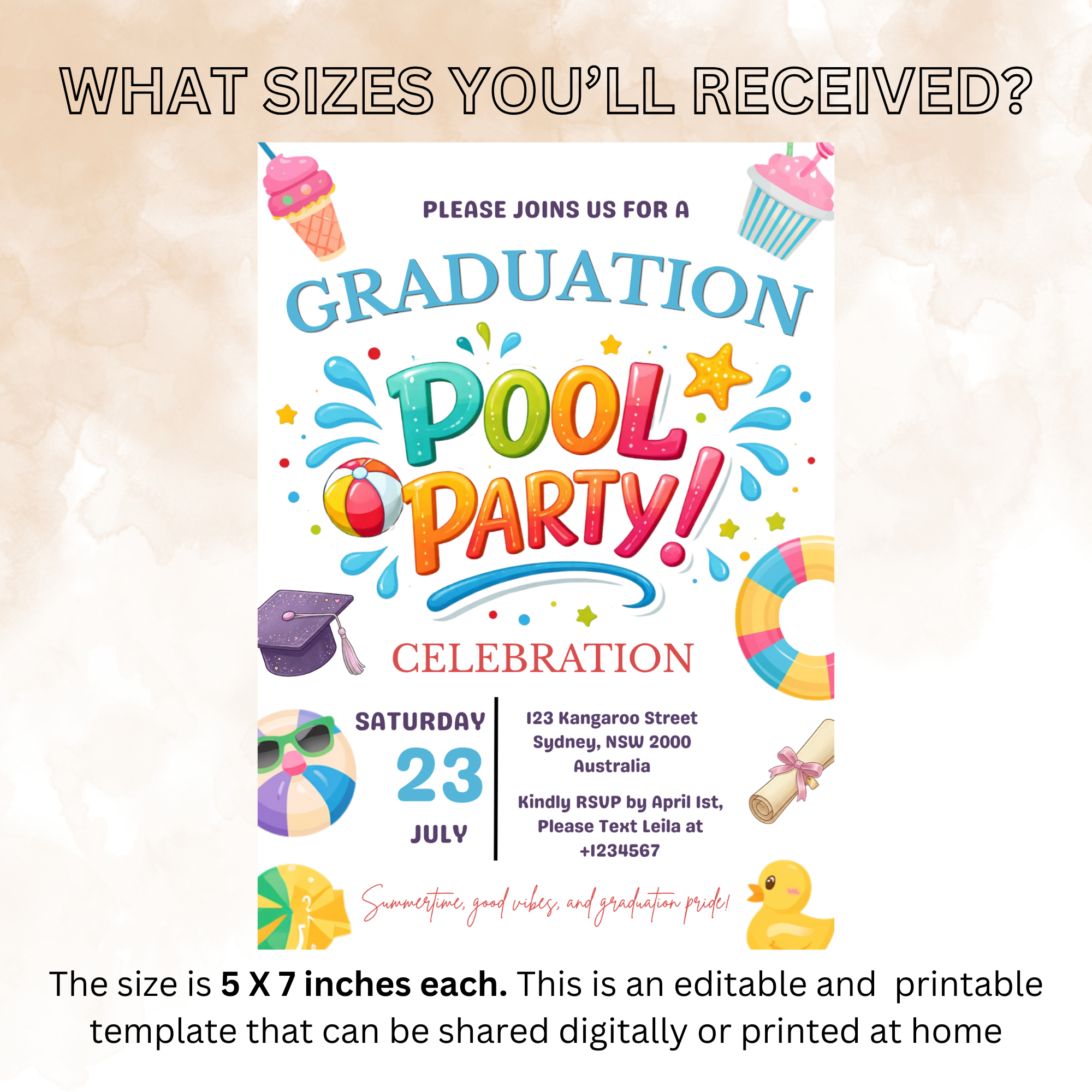 Pool Party Graduation Invitation for Kids, Hello Pool Goodbye School Summer Beach Invite, Boy Girl Printable Digital Canva Template