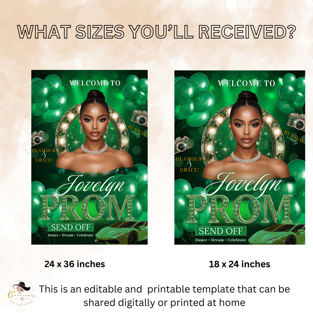 Green Prom Send Off Welcome Party Sign, Prom Queen Poster Sign with photo, Elegant Party Board Sign, Glam Hollywood Theme Printable Template