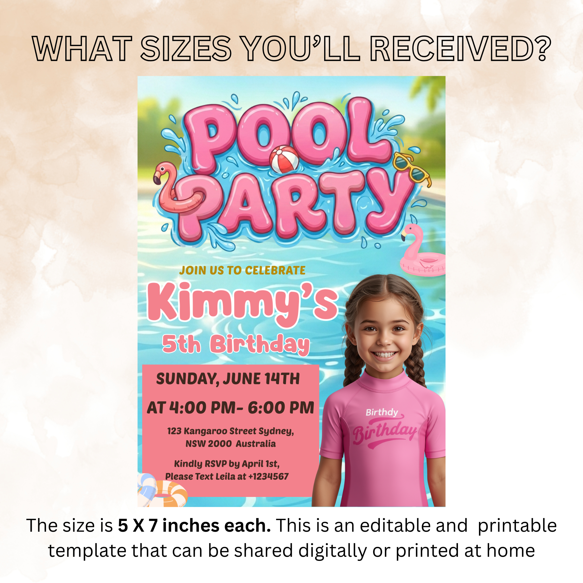Kids Pool Party Birthday Invitation with Photo, Tropical Summer Splash Party Invite, Girl Splish Splash Invite, Editable Canva Template