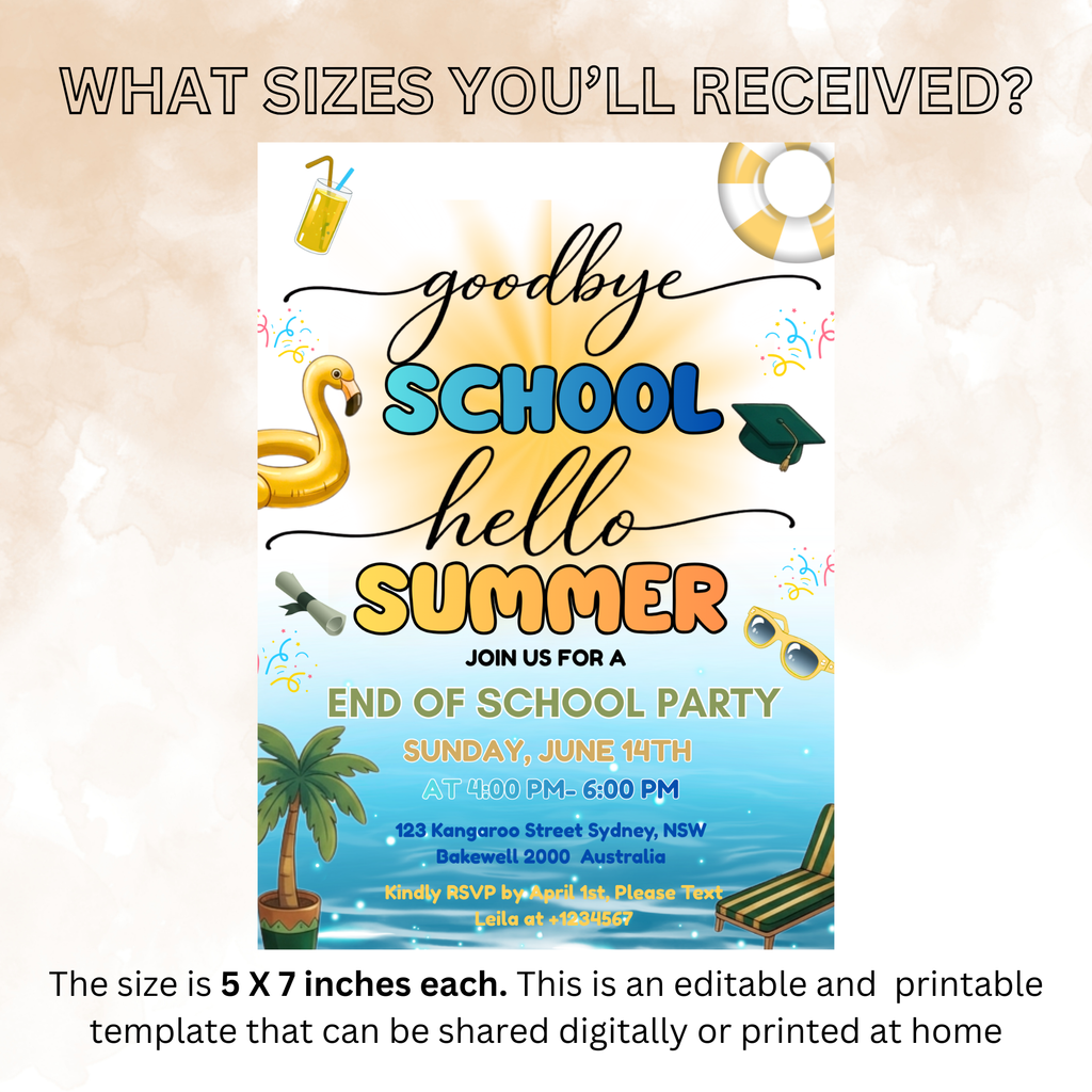 Pool Party Graduation Invitation for Kids, Hello Pool Goodbye School Summer Beach Invite, Boy Girl Printable Digital Editable Template