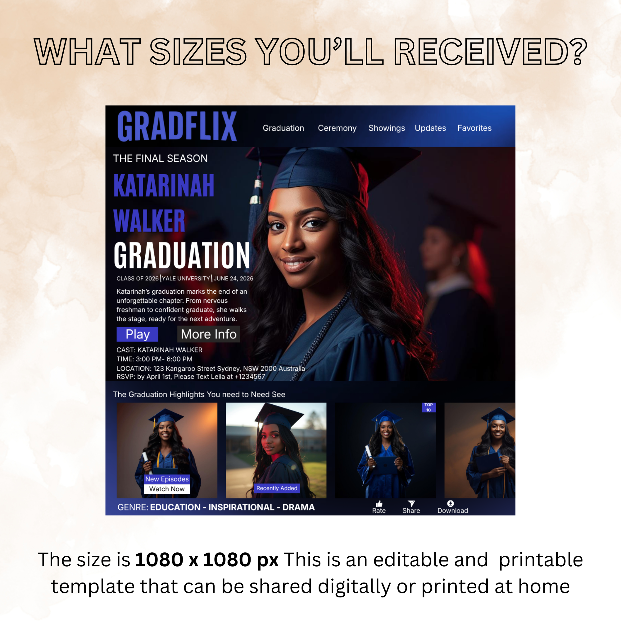 Movie Theme Graduation Invitation with Photo, Blue Streaming Style Grad Announcement Invite, Class of 2026 Flyer, Digital Printable Template