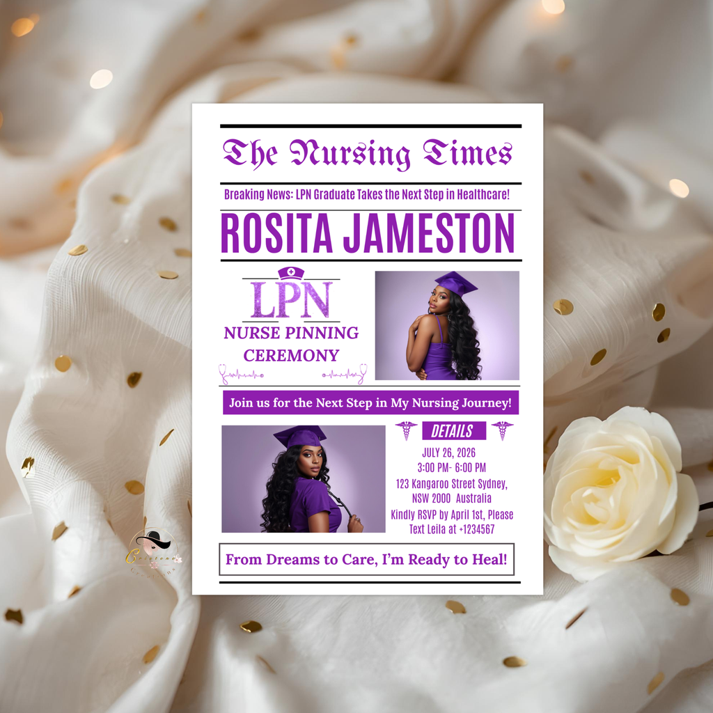Newspaper LPN Nurse Graduation Invitation with Photo, Nursing Pinning Ceremony Invite for Women Purple Nurse Flyer, Canva Printable Template