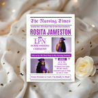 Newspaper LPN Nurse Graduation Invitation with Photo, Nursing Pinning Ceremony Invite for Women Purple Nurse Flyer, Canva Printable Template