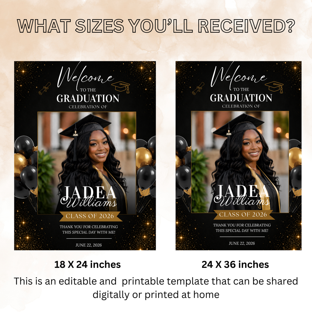 Graduation Welcome Party Sign with Photo, Elegant Class of 2026 Poster Sign, High School College Grad Dinner Brunch Canva Printable Template