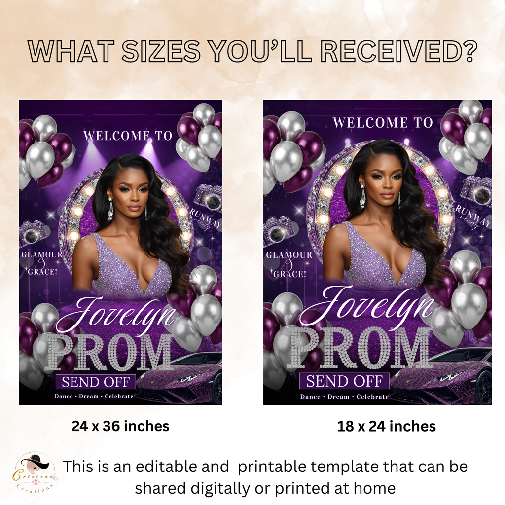 Purple Silver Prom Send Off Welcome Party Sign, Prom Queen Poster Sign with photo Entrance Board Sign Senior Junior Night Printable Template
