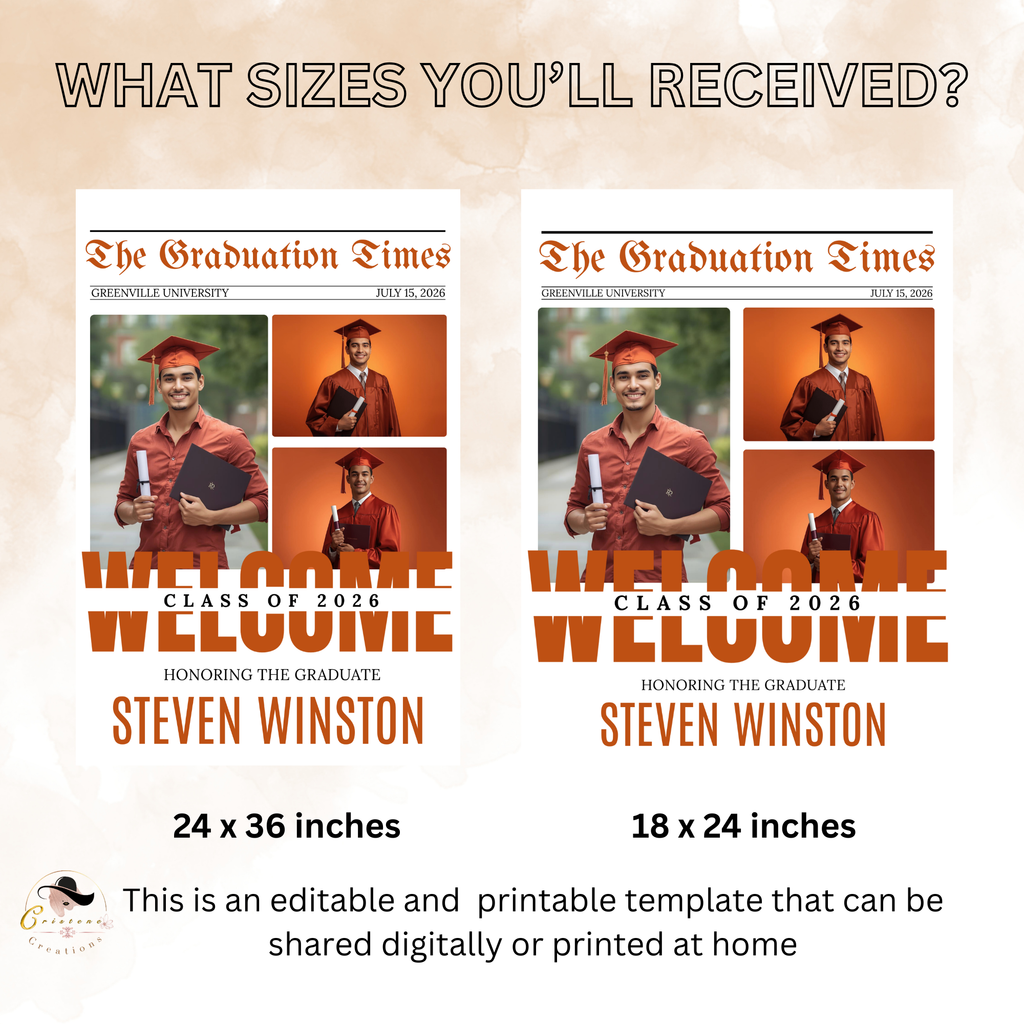 Orange Newspaper Graduation Welcome Party Sign, Boy Senior Grad Announcement Sign with photo, High School Graduates Sign, Printable Template