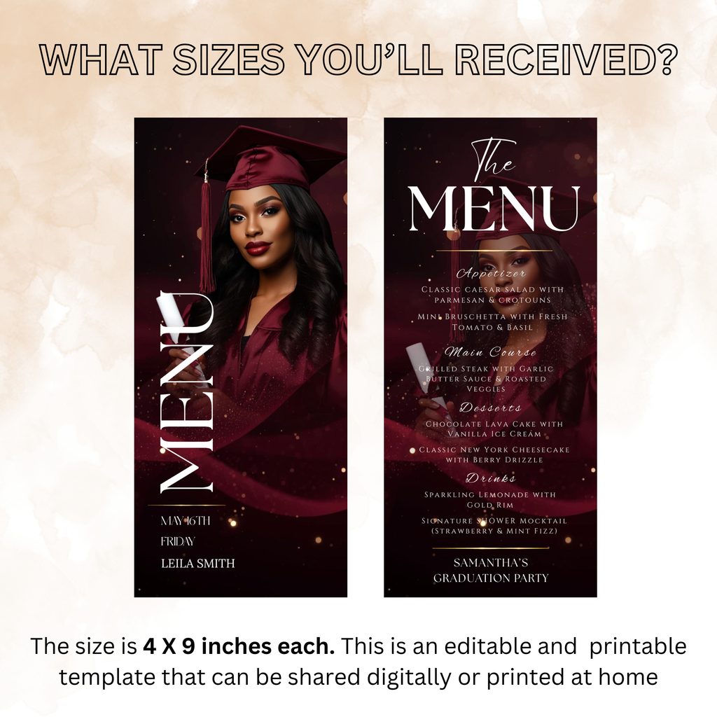 Graduation Menu Template with Photo, Class of 2026 Menu Card, High School College Grad Party Menu, Maroon Editable Canva, Printable Menu