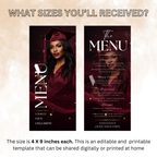 Graduation Menu Template with Photo, Class of 2026 Menu Card, High School College Grad Party Menu, Maroon Editable Canva, Printable Menu