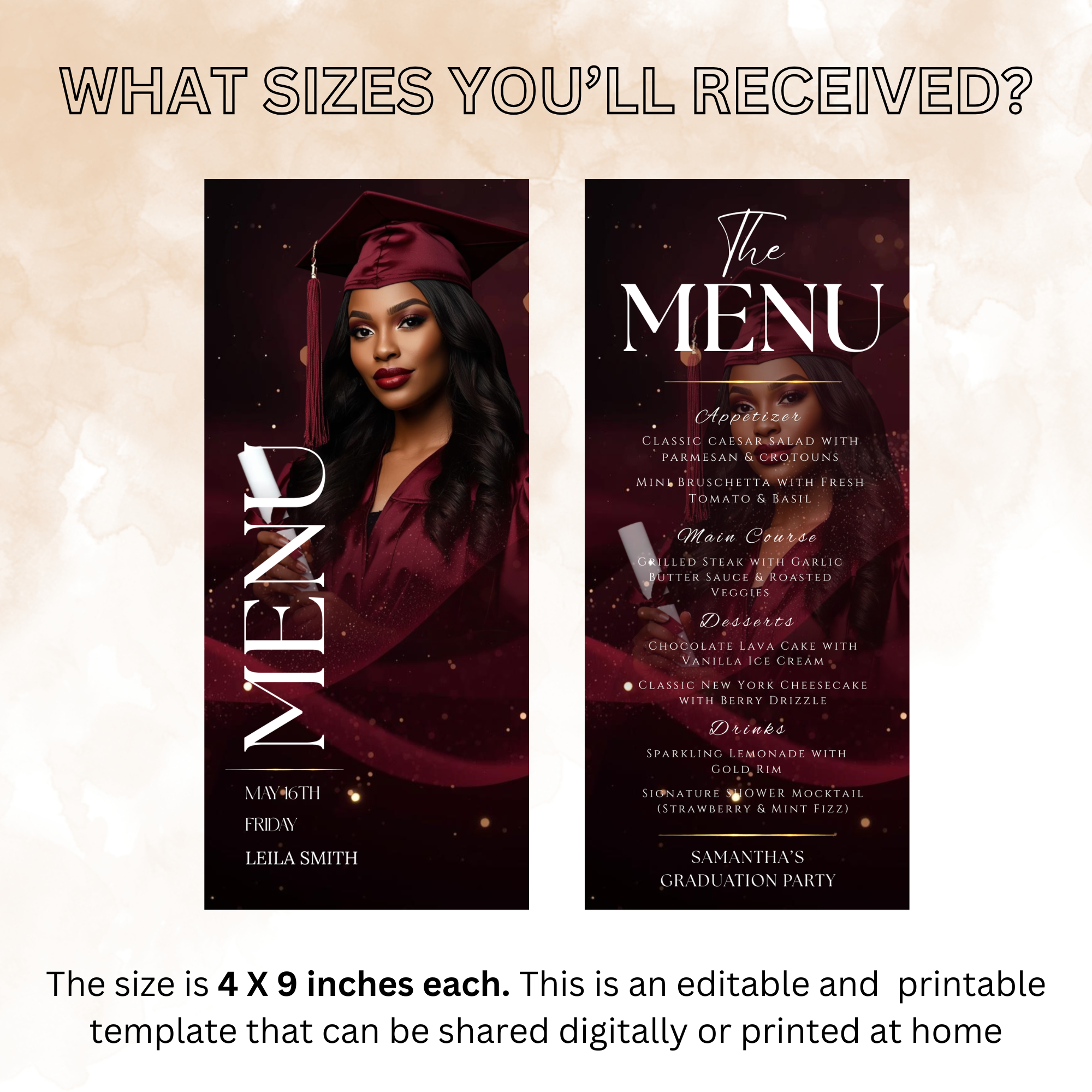 Graduation Menu Template with Photo, Class of 2026 Menu Card, High School College Grad Party Menu, Maroon Editable Canva, Printable Menu