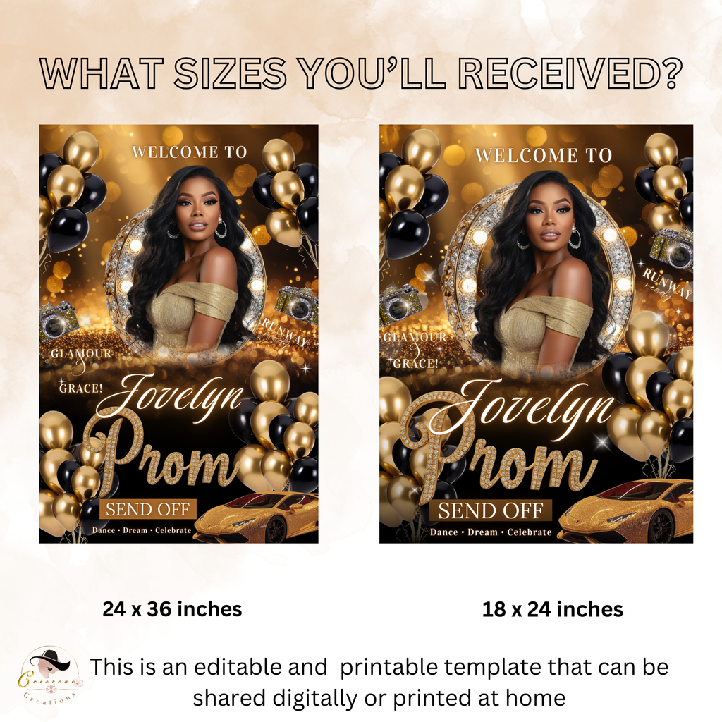 Black Gold Prom Send Off Welcome Party Sign, Prom Queen Poster Sign with photo, Entrance Board Sign, Teen Girl and Boy Printable Template