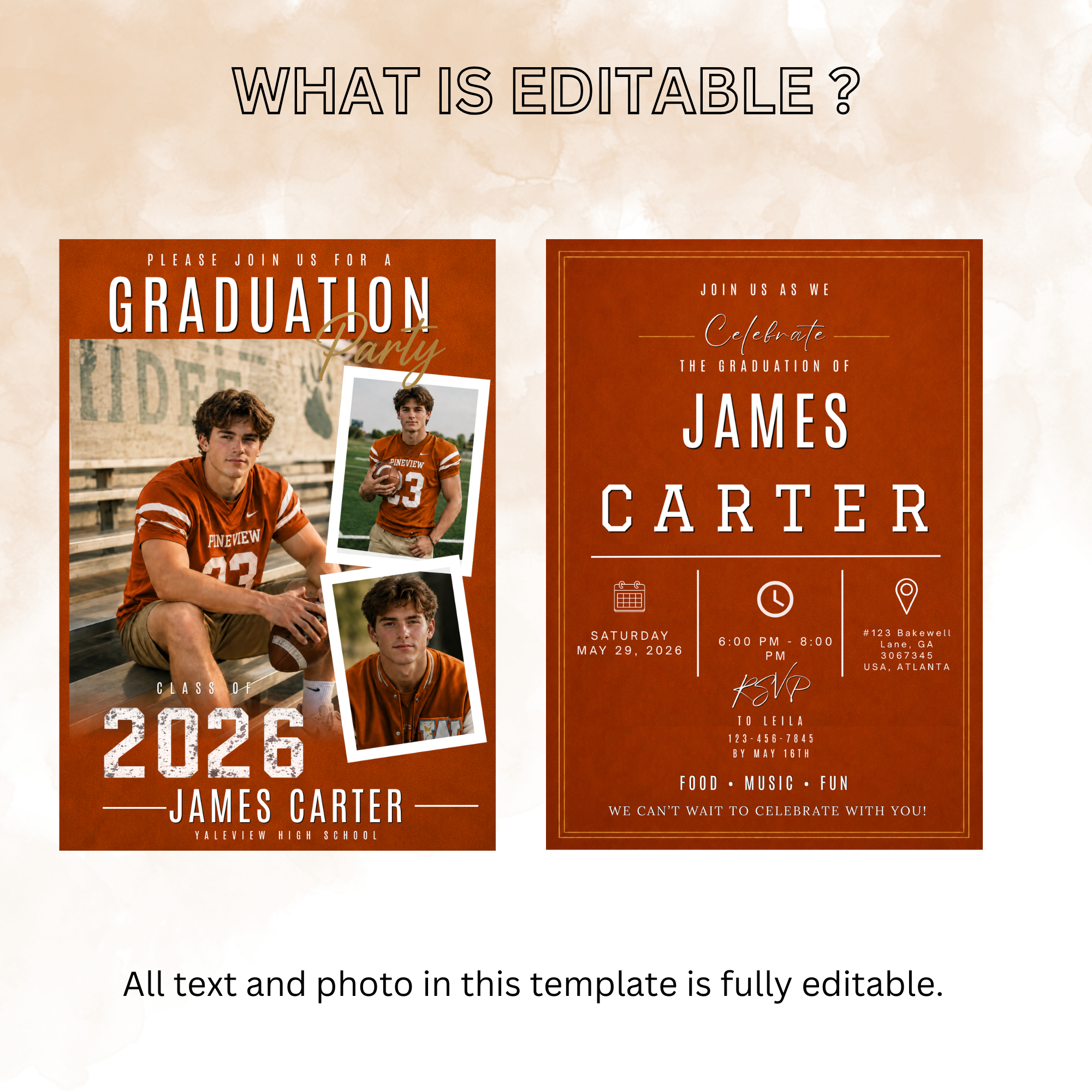 Orange Graduation Announcement Invitation with Photo for Him, Class of 2026 Senior Grad Party Invite, Boy Grad Dinner, Printable Template