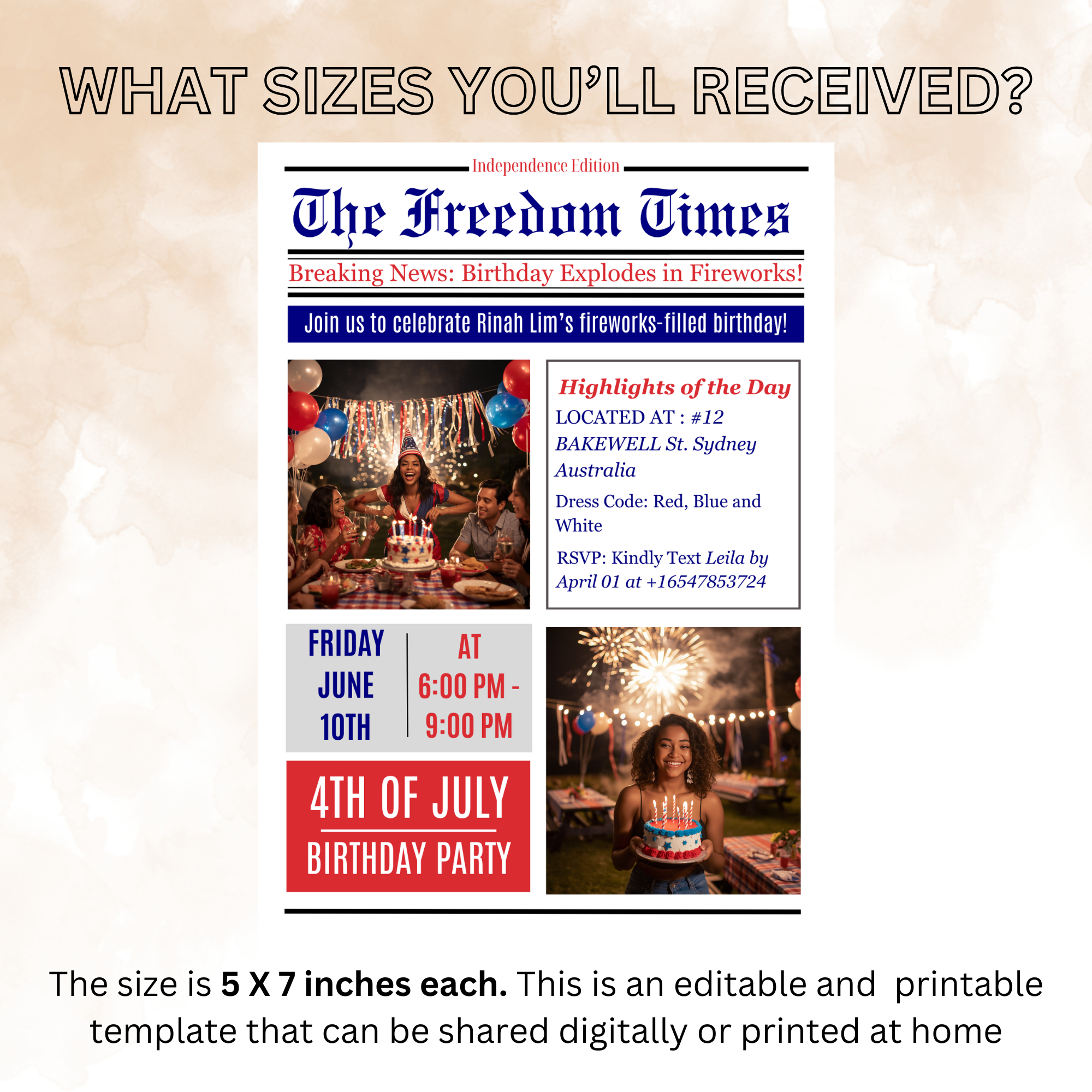 Newspaper 4th of July Birthday Invitation with Photo, Patriotic BBQ Cookout Party Invite, Dinner Brunch Invite, Printable Digital Template