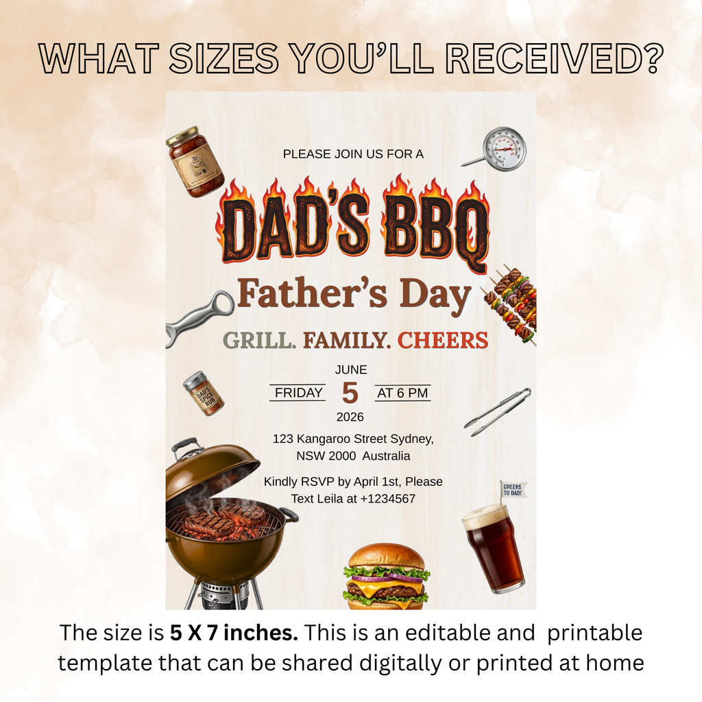 Fathers Day BBQ Party Invitation, Dad Cookout Pool Party Invite, Food Drinks Whiskey Barbecue Celebration, Printable Digital Canva Template