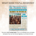 Newspaper Beach Party Invitation with Photo, Tropical Summer Birthday Invite, Adult Beach Celebration, Printable Editable Canva Template