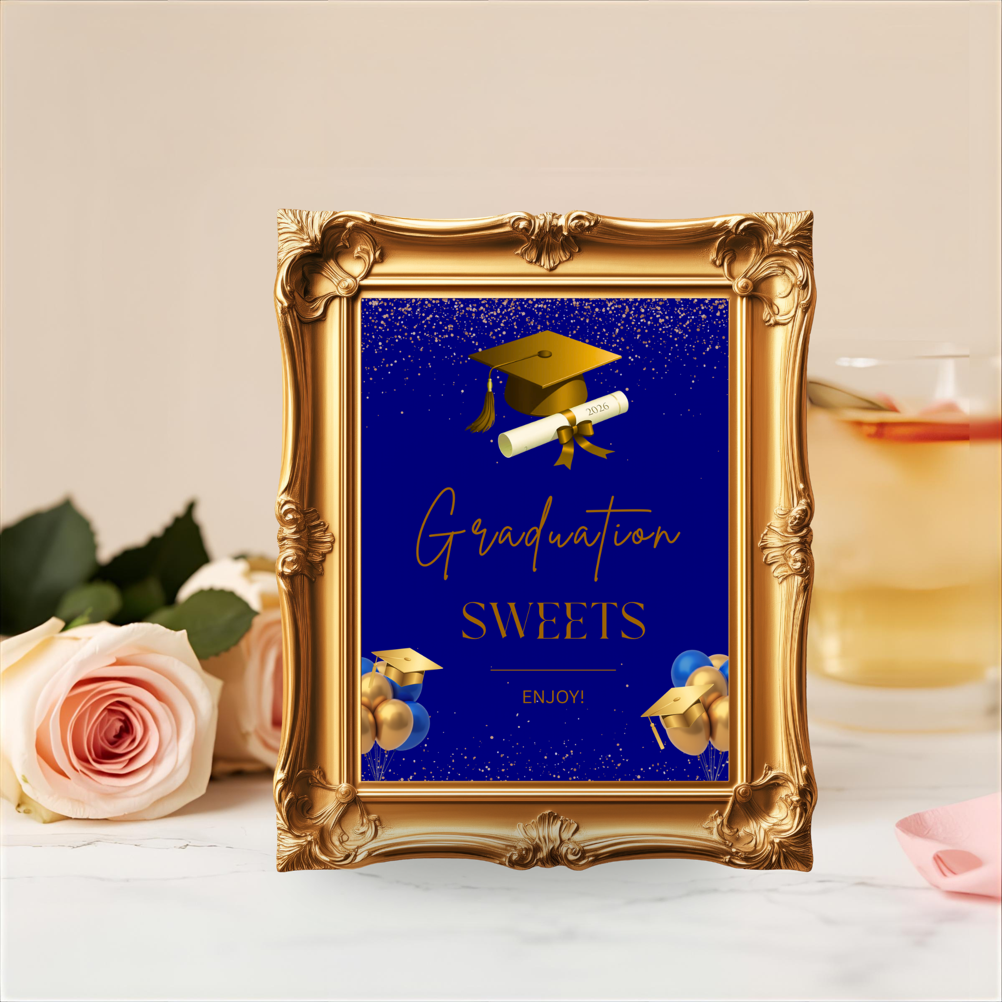 Blue Gold Graduation Party Table Signs Bundle, Senior Grad Favor sign, Dessert Sign, Food Cocktails Sign, Graduates Decor Printable Template