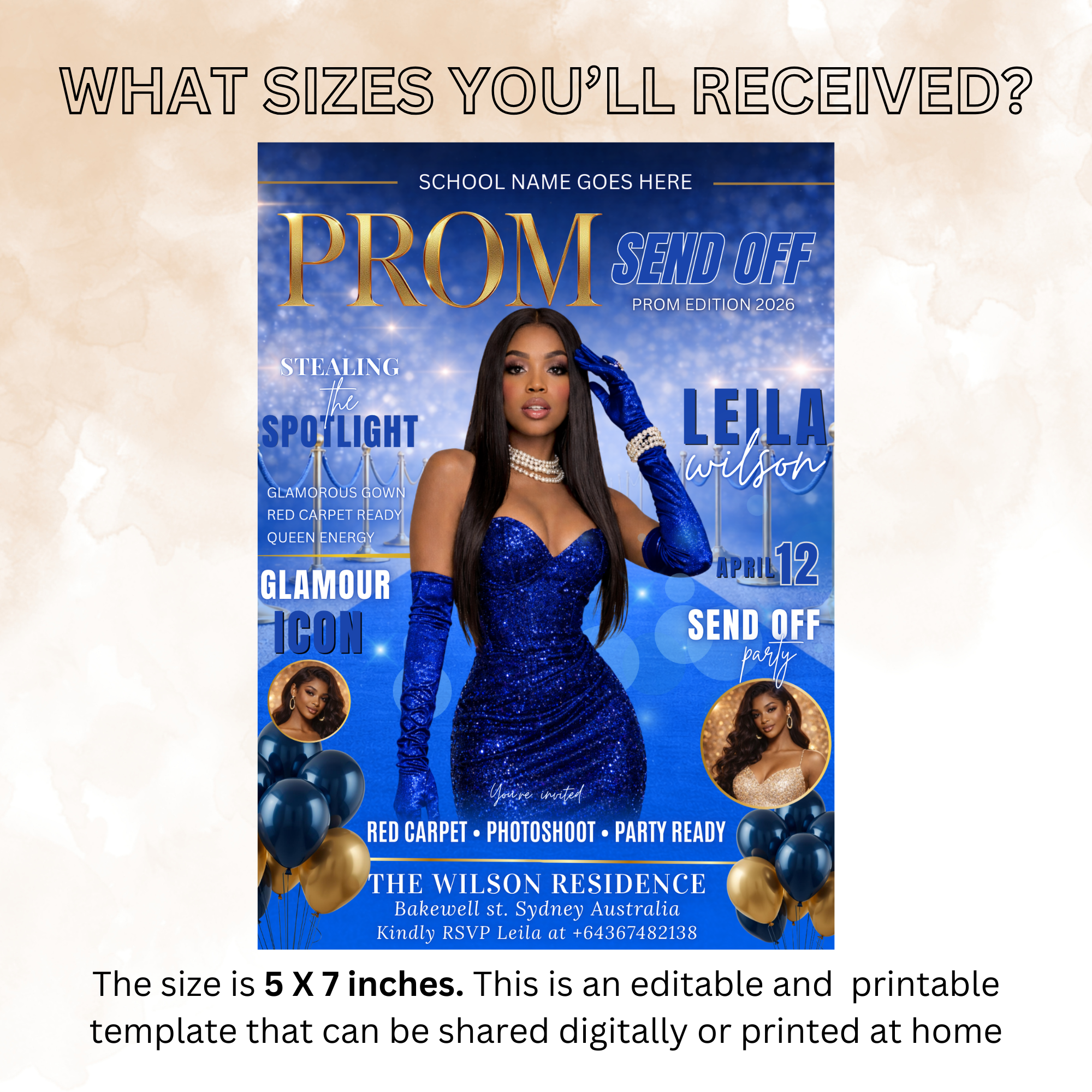 Blue Prom Send Off Party Invitation, Prom Queen with photo invite, Girls Prom Night Flyer, High School Prom Card, Digital Printable Template