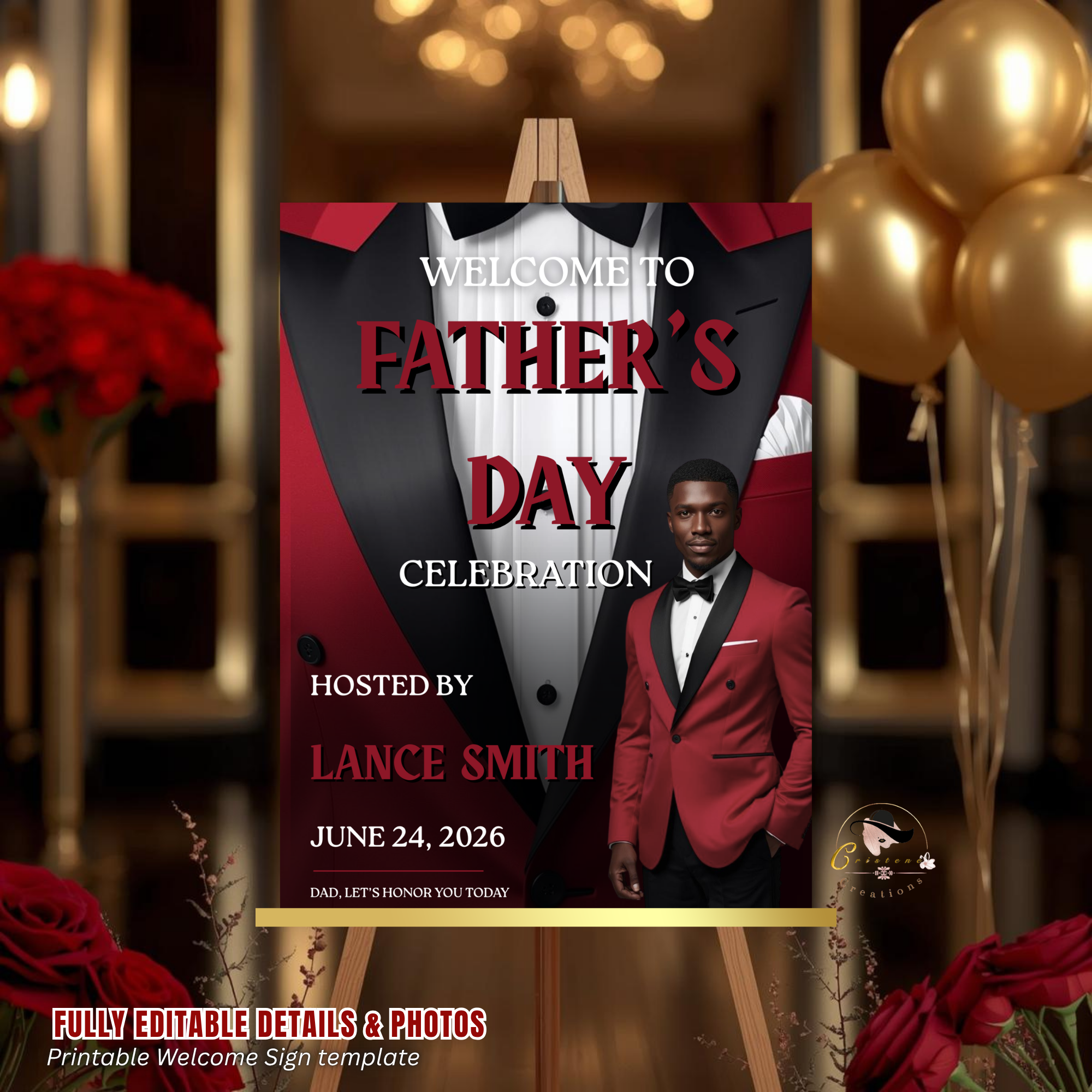 Red Fathers Day Welcome Sign with Photo, Gentleman Tuxedo Poster Sign, Male Birthday Sign, Retirement Party Sign, Printable Canva Template
