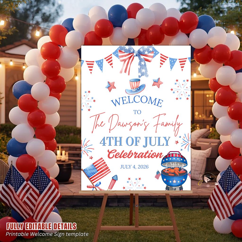 Fourth of July BBQ Welcome Party Sign, 4th of July Sign, USA Independence day, Patriotic Poster Sign, Red White Blue, Digital template