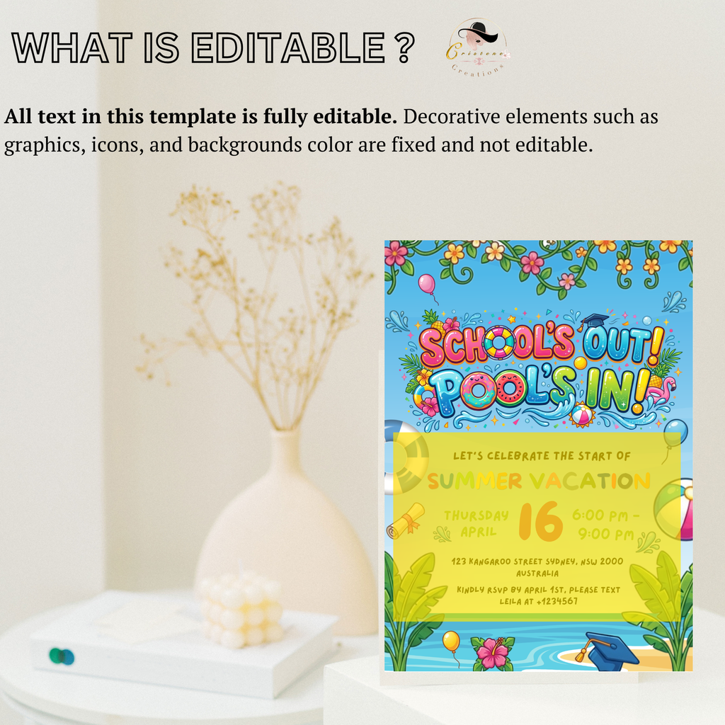Graduation Pool Party Invitation, Kids Summer Beach Grad Invite, Hello Pool Goodbye School, Boy Girl Printable Editable Canva Template