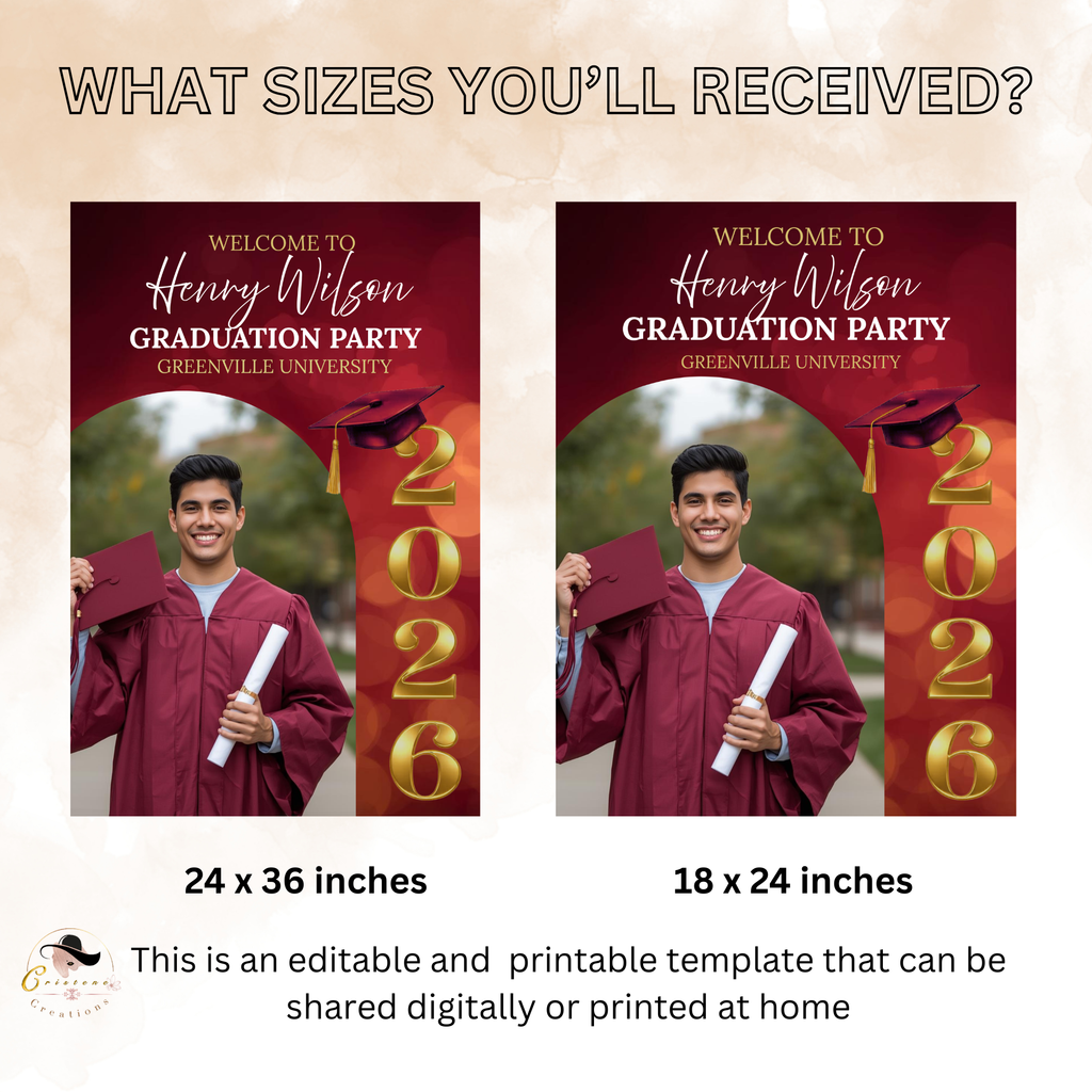 Maroon Graduation Welcome Party Sign, Senior Grad Poster Sign with photo, Class 2026 Woman Man High School Graduate Sign, Printable Template