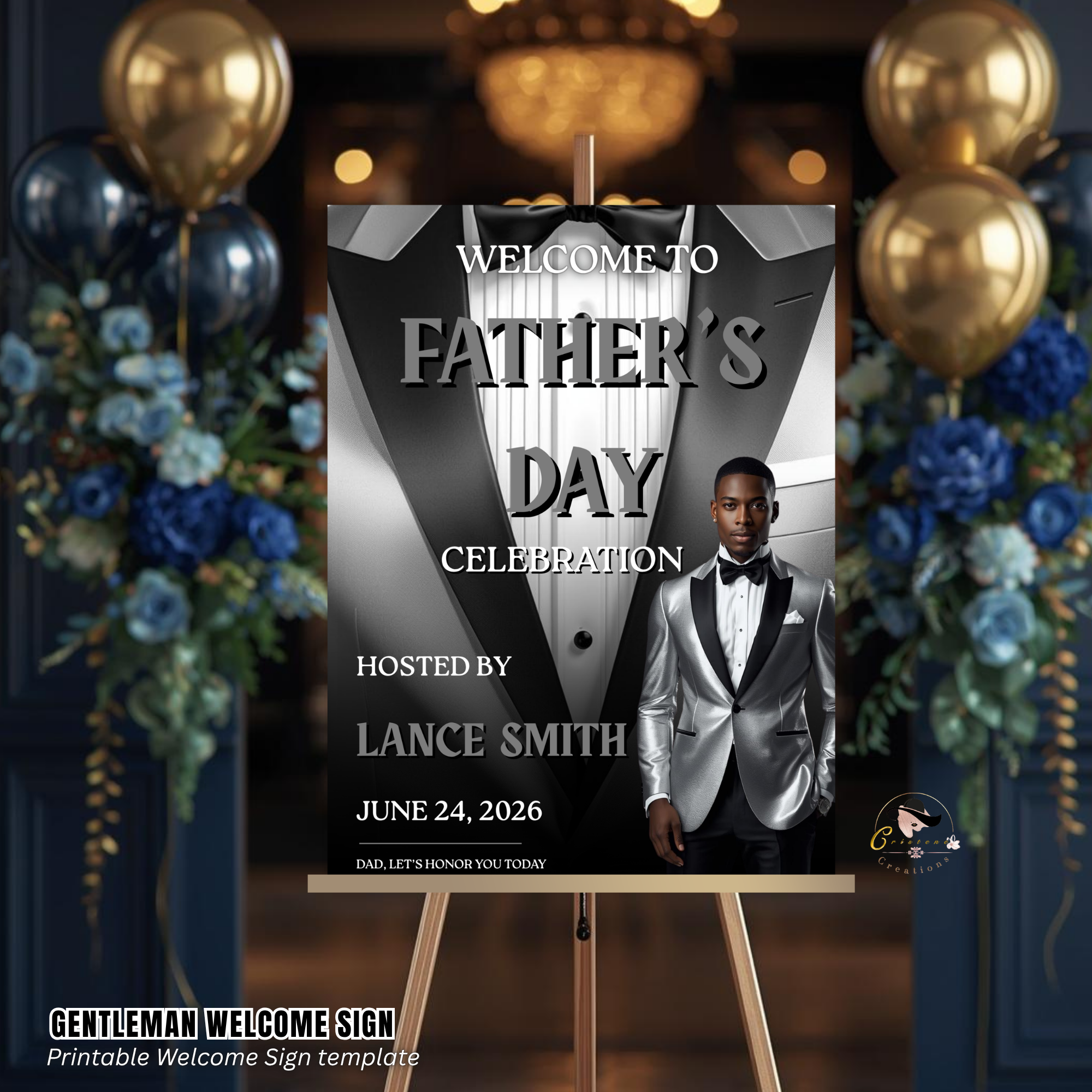 Black Silver Fathers Day Welcome Sign with Photo, Tuxedo Gentleman Party Sign, Birthday Retirement Sign, Dad Poster Sign, Printable Template