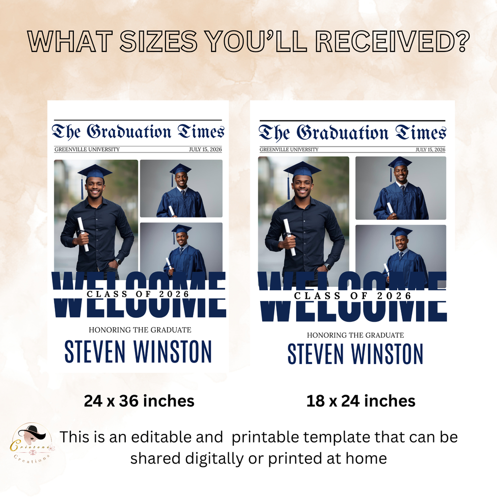 Newspaper Graduation Welcome Party Sign, Boy Senior Grad Announcement Sign with photo, Class 2026 Men Graduates Sign Blue Printable Template