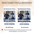 Newspaper Graduation Welcome Party Sign, Boy Senior Grad Announcement Sign with photo, Class 2026 Men Graduates Sign Blue Printable Template
