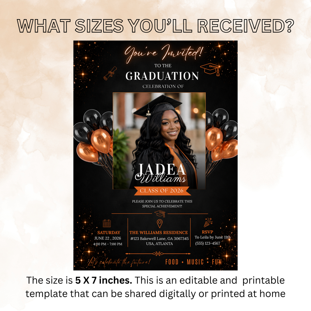 Graduation Party Invitation with Photo, Class of 2026 Grad Announcement Invite for Boys and Girls, Orange Editable Canva Printable Template