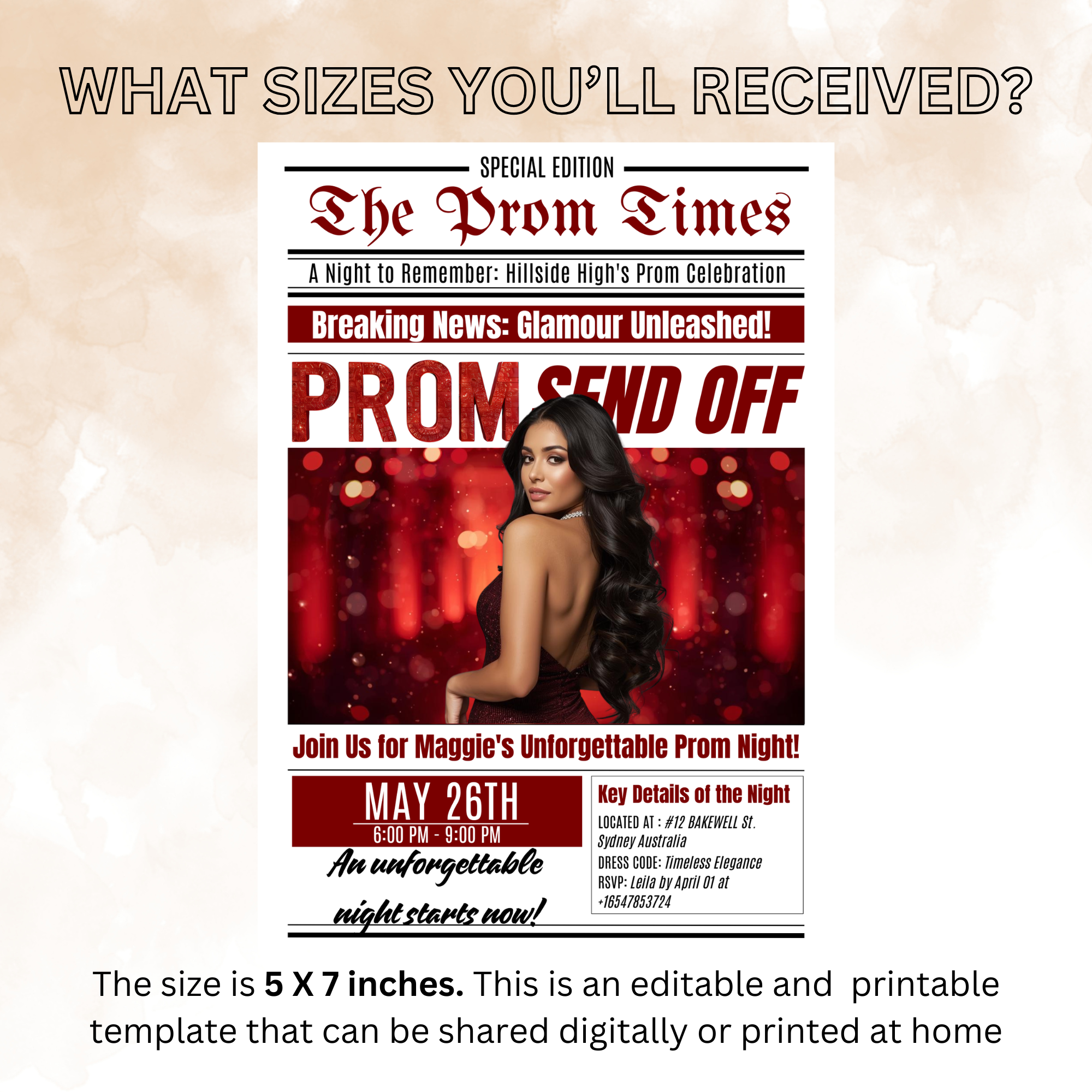 Newspaper Prom Send Off Invitation, Red Prom Queen with photo invite, Teen Boy Prom Night Party Flyer, Highschool Digital Printable Template