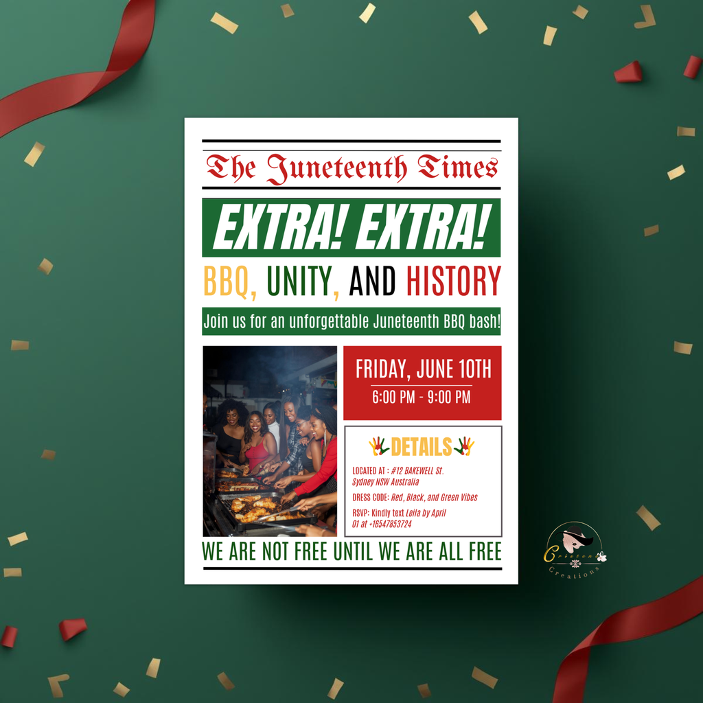 Newspaper Juneteenth BBQ Cookout Invitation, Black Freedom Celebration Party Invite, Independence Day Barbecue Printable Digital Template